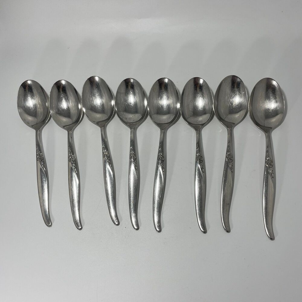 Lot of 8 Oneida Wm A Rogers Premier La Rose Stainless Soup Spoon 6 3/4” Vtg